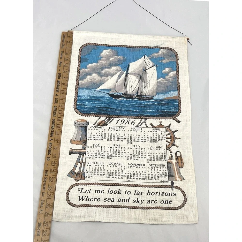 Vintage 1986 Linen Wall Calendar Sailboat Nautical‎ Maritime Hanging 16x27
